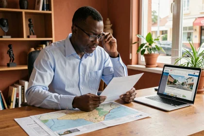 Homme sénégalais de la diaspora examinant des documents fonciers et une carte du Sénégal sur son bureau à domicile