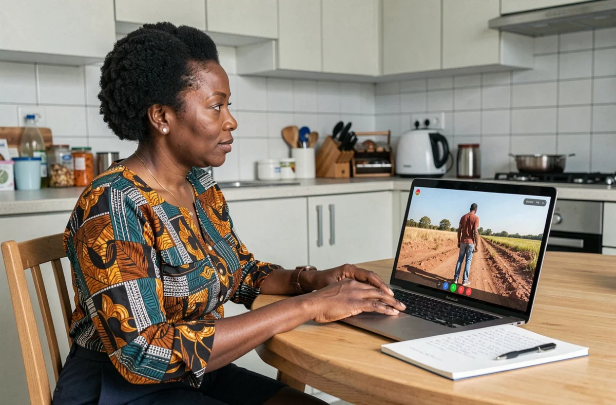 Femme de la diaspora sénégalaise en visioconférence pour acheter un terrain au Sénégal depuis son appartement en Europe