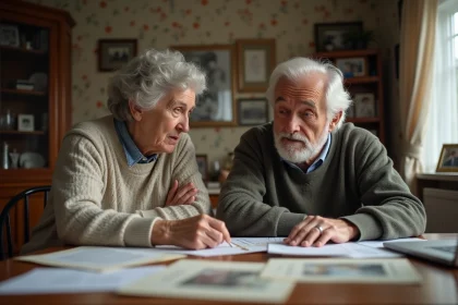 Un couple d adultes examine des documents familiaux dans un int&eacute;rieur chaleureux