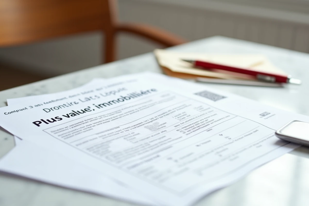 Documents de d&eacute;claration de plus-value immobili&egrave;re et contrat de vente pos&eacute;s sur un bureau avec une enveloppe d'avis fiscal