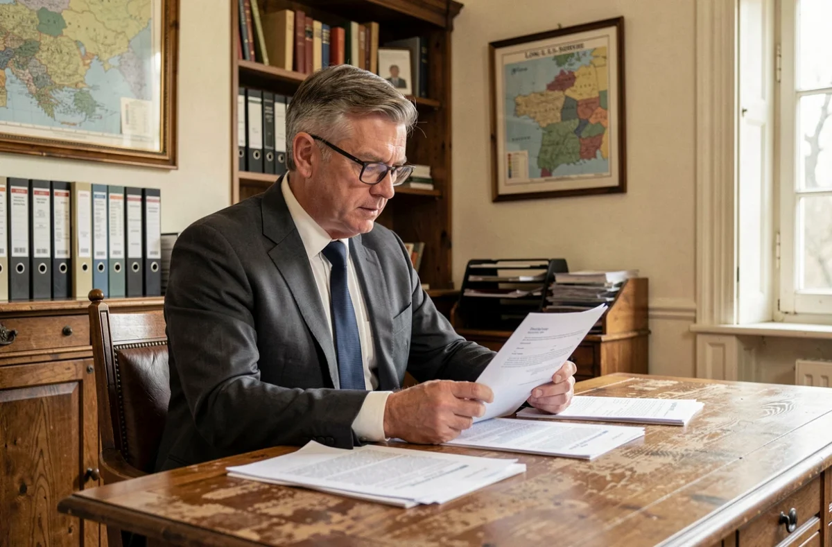 Philippe Eiser, syndic de copropriété indépendant à Lons-le-Saunier, dans son bureau avec des documents de gestion