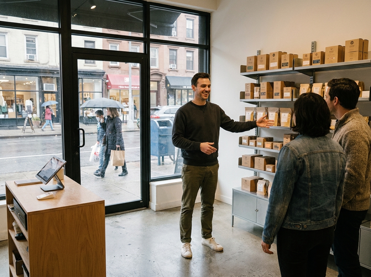 Entrepreneur discutant avec des clients dans un pop-up store en rez-de-chaussée ouvert sur une rue commerçante urbaine