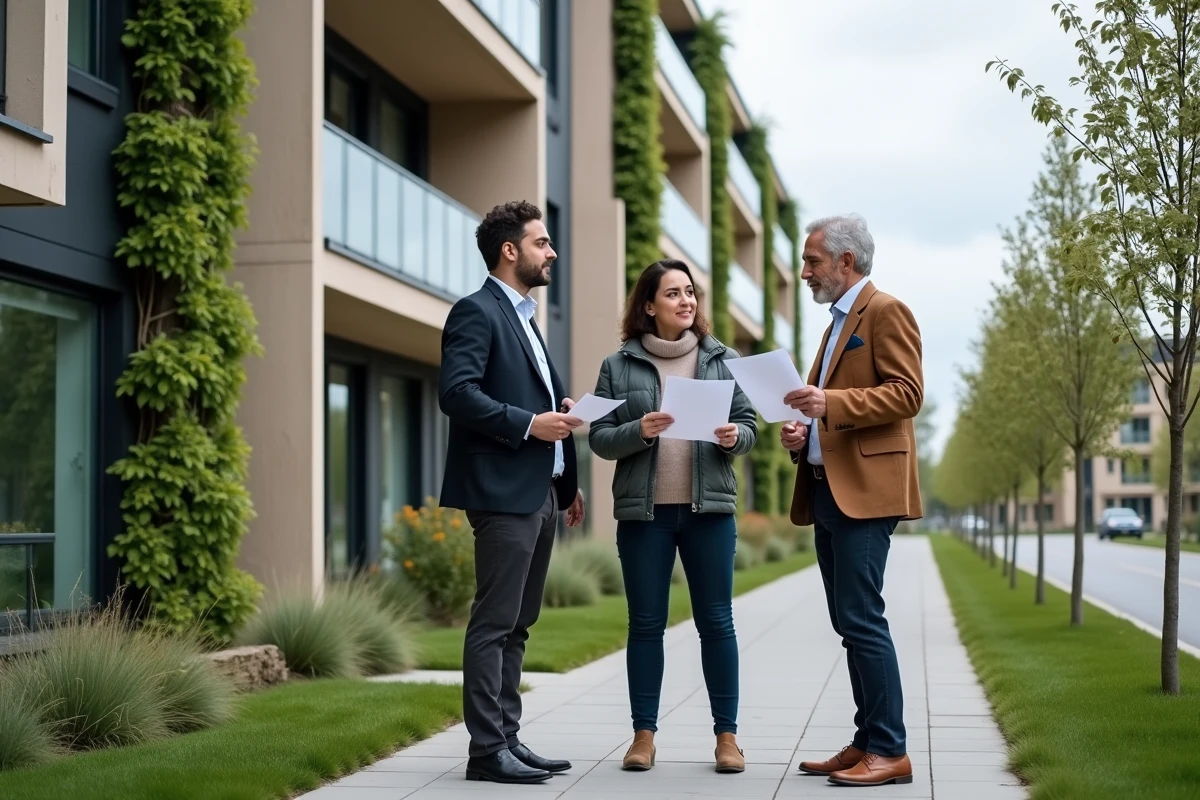 Équipe de professionnels discutant devant un immeuble résidentiel écologique aux façades végétalisées dans un quartier urbain