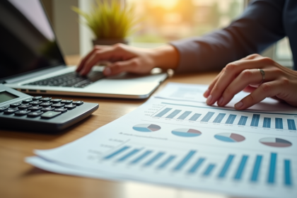 Espace de travail financier avec documents et ordinateur