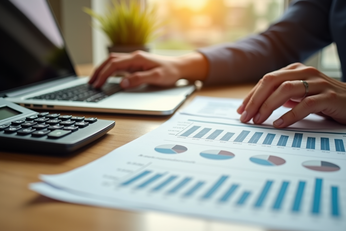 Espace de travail financier avec documents et ordinateur