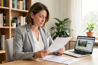 Femme consultant une estimation de valeur de maison sur des documents imprimés dans un bureau à domicile