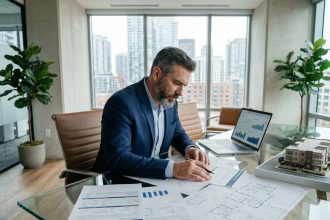 Professionnel de l'immobilier examinant des rapports d'évaluation sur une grande table de conférence dans un bureau moderne avec vue urbaine