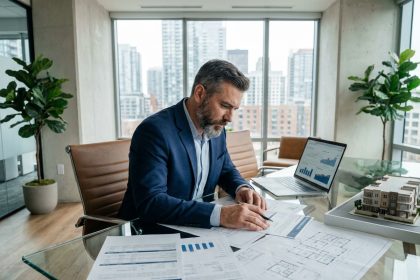 Professionnel de l'immobilier examinant des rapports d'évaluation sur une grande table de conférence dans un bureau moderne avec vue urbaine
