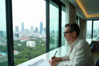 Expatrié occidental étudiant des documents immobiliers dans un condominium moderne à Bangkok avec vue sur la skyline thaïlandaise