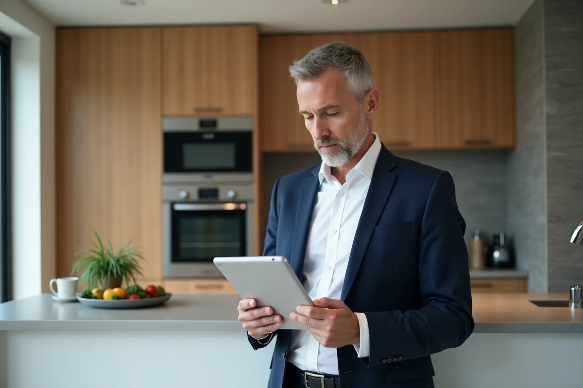 Expert immobilier avec tablette dans une maison moderne