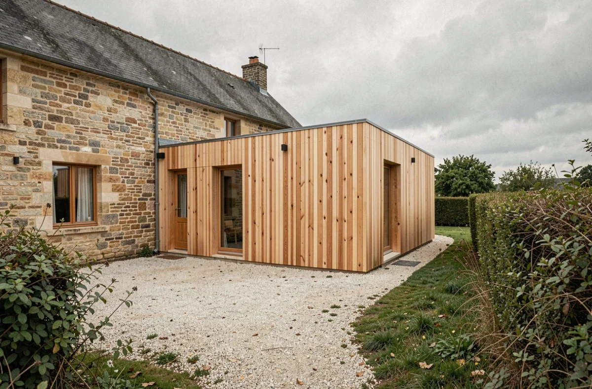 Extension en ossature bois avec bardage en mélèze accolée à une maison en pierre traditionnelle française