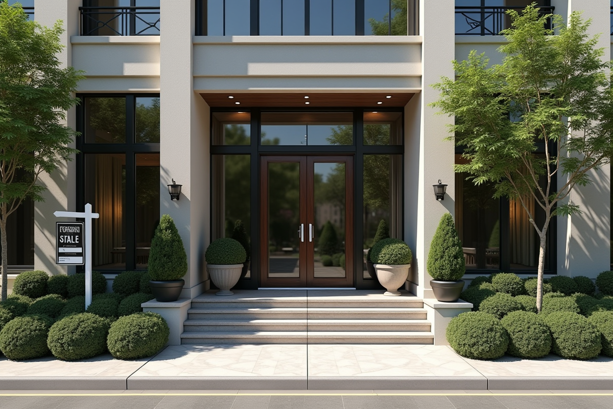 Façade d un immeuble avec panneau vente et verdure