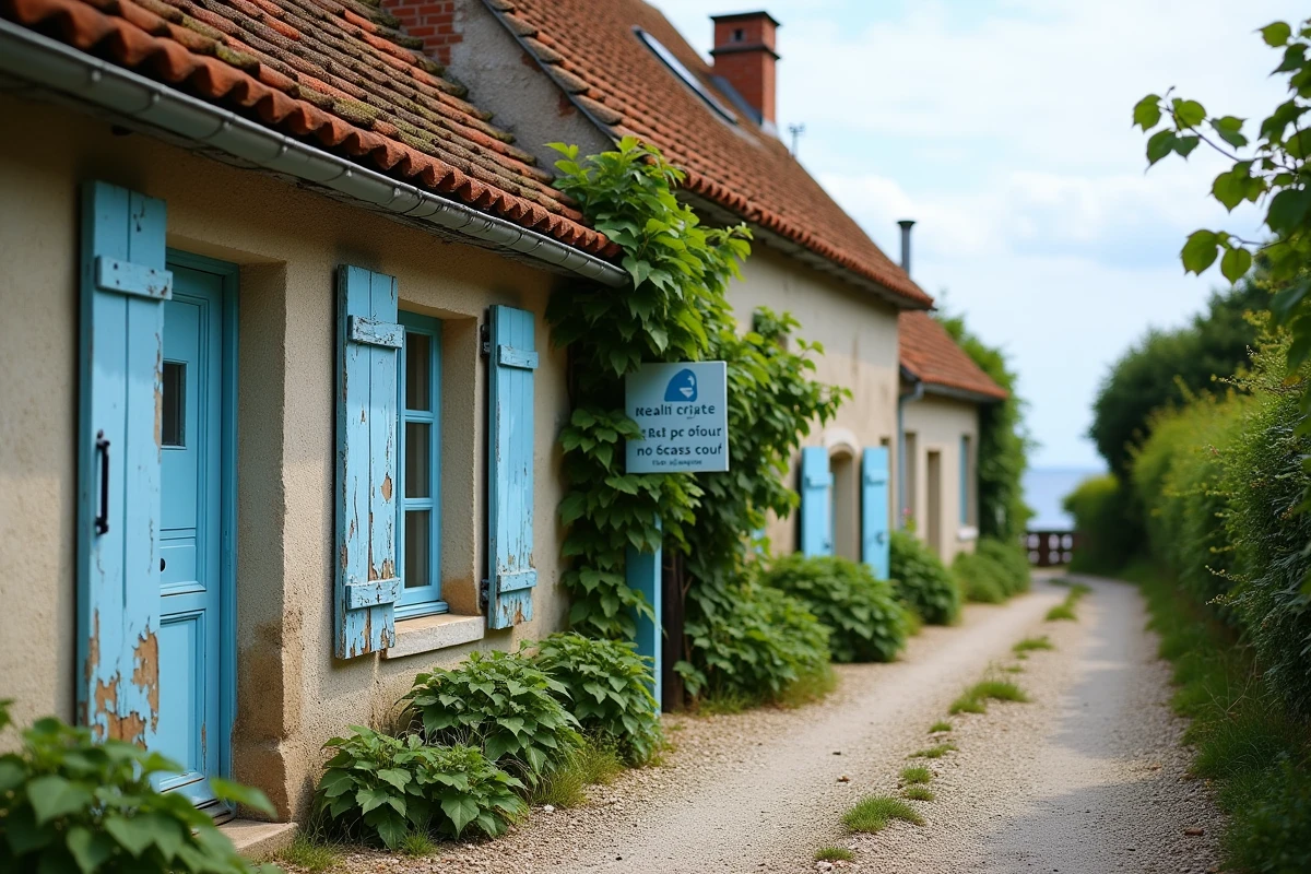 Façade d'une maison normande côtière avec volets bleus, panneau de vente immobilière et vue sur la mer à travers une haie
