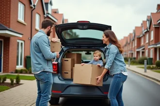 Famille jeune déchargeant des cartons devant leur nouvelle maison