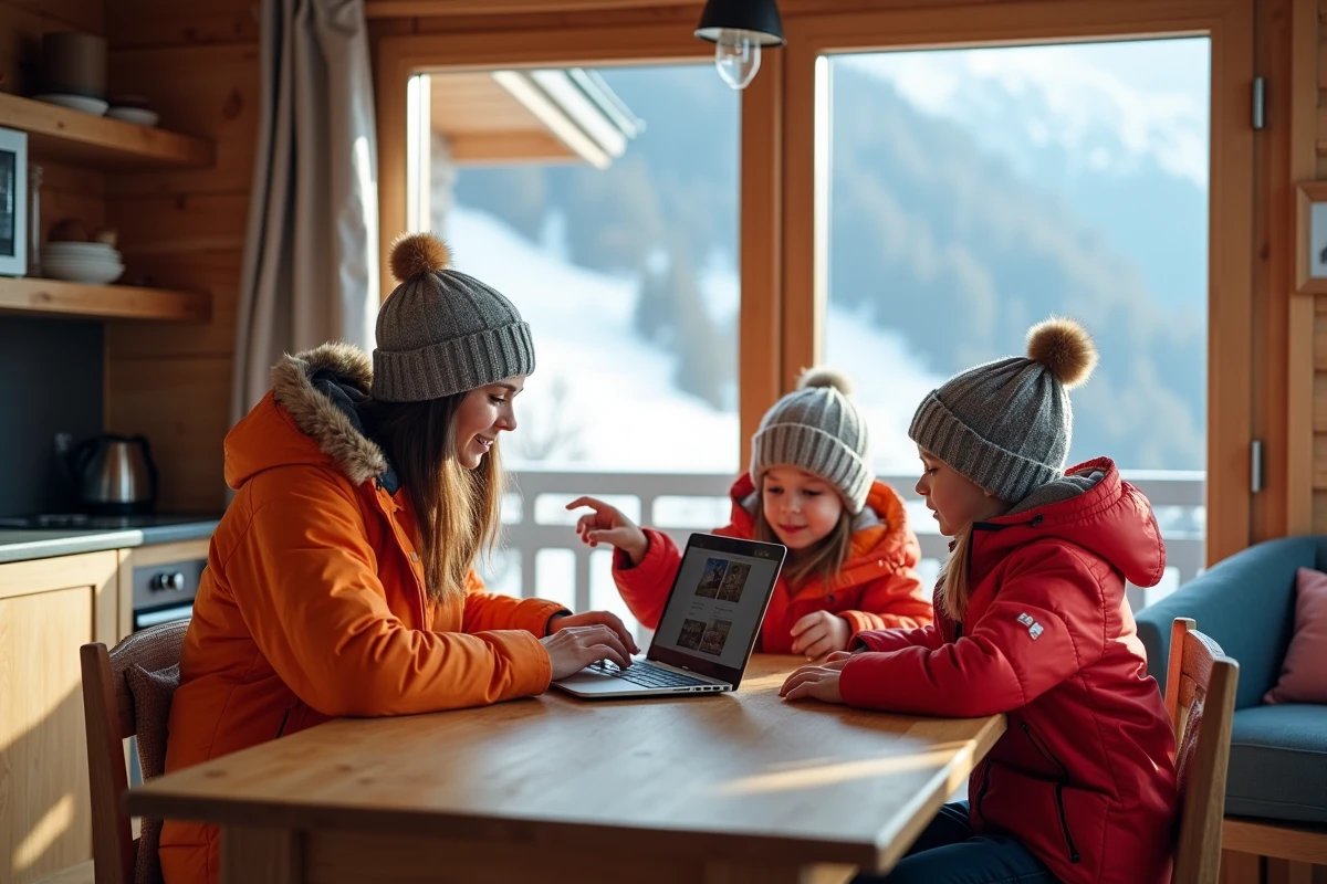 Famille avec enfants dans cuisine avec vue montagne enneigee
