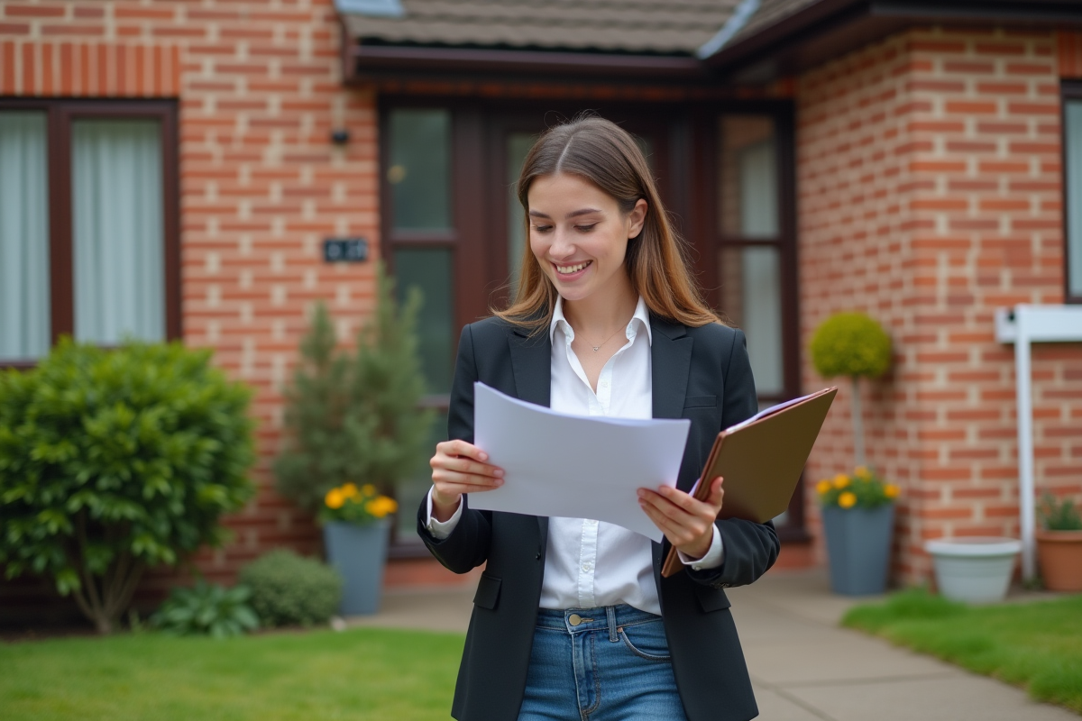 Jeune femme devant sa nouvelle maison en lisant un document
