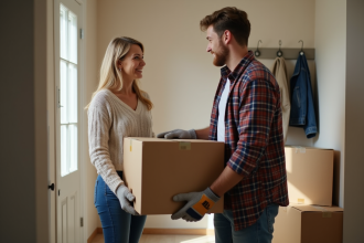 Femme aidant un jeune homme à déménager dans un couloir