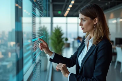 Femme d'affaires analysant des données dans un bureau moderne