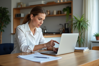 Jeune femme professionnelle analysant des données locatives dans un appartement moderne