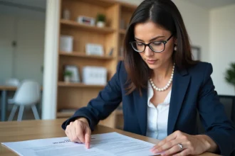 Femme professionnelle en blazer marine analysant une clause de contrat de location Visale dans un bureau moderne
