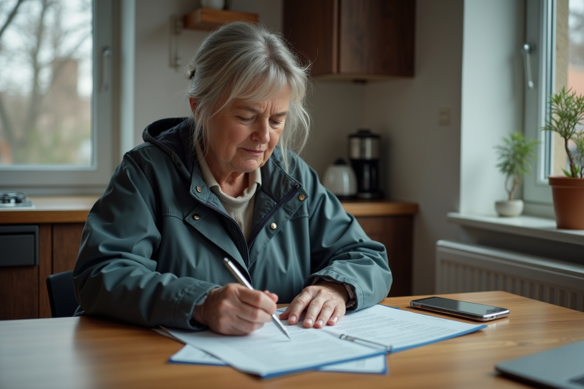 Femme d'âge moyen examinant documents d'assurance à la cuisine