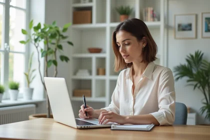 Femme d age moyen consulte des annonces immobili&egrave;res dans un bureau lumineux