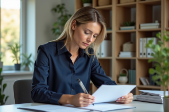 Femme professionnelle examine un contrat de location dans un bureau moderne
