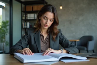 Femme professionnelle en bureau organisee et concentrée