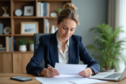 Femme professionnelle en bureau moderne avec documents