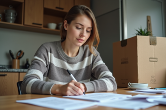 Femme remplissant un formulaire de changement d'adresse à la maison