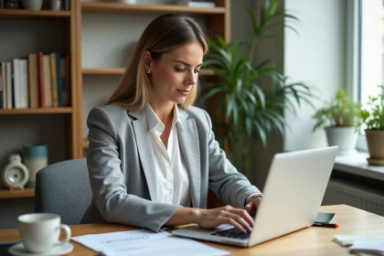 Femme comparant des offres d'assurance loyer impayé sur un ordinateur portable dans un bureau à domicile moderne