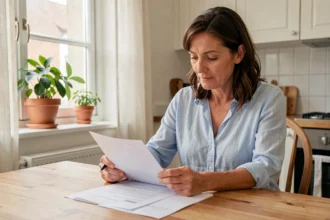 Femme examinant un contrat d'assurance habitation à la table de sa cuisine