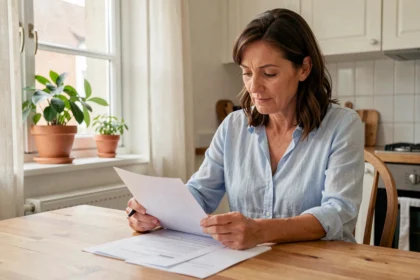 Femme examinant un contrat d'assurance habitation à la table de sa cuisine