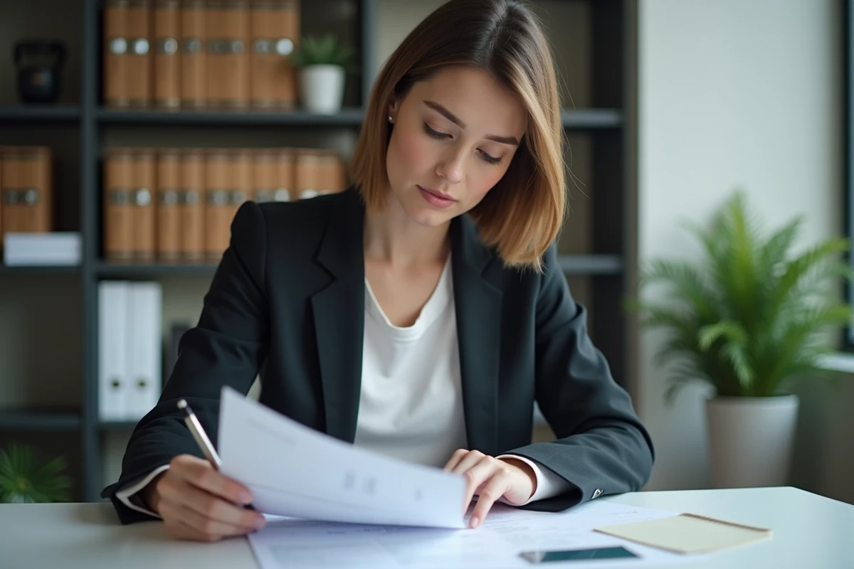 Une femme d affaires consulte un rapport immobilier dans un bureau moderne