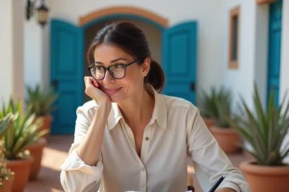 Femme examinant un contrat de location de villa à Essaouira sur une terrasse marocaine avant de signer le bail