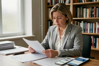 Femme consultant des documents administratifs pour retrouver un propriétaire introuvable via le service 3233-SD