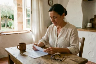 Femme consultant des documents d'assurance habitation dans une maison de style provençal à Narbonne