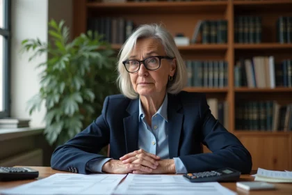 Femme consultant des documents fiscaux li&eacute;s &agrave; une vente immobili&egrave;re &agrave; son bureau &agrave; domicile