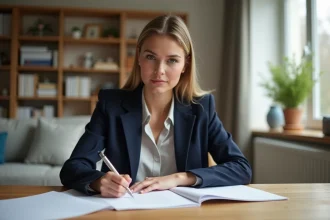 Jeune femme professionnelle écrivant une lettre dans son salon