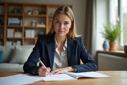 Jeune femme professionnelle écrivant une lettre dans son salon