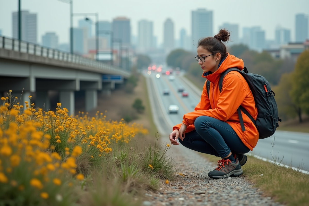 Jeune femme examinant des fleurs sauvages près d
