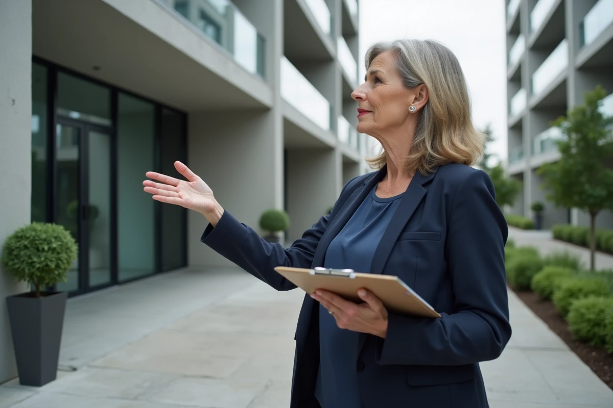 Femme discutant devant un immeuble neuf en ville