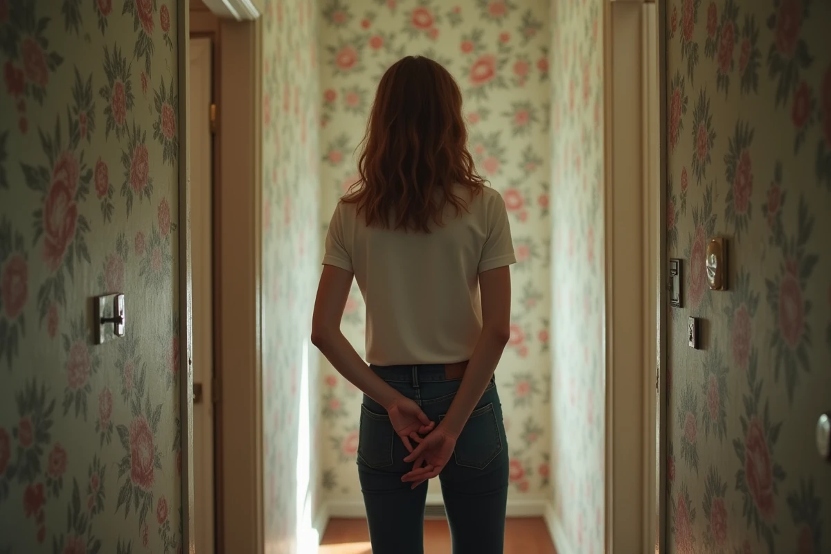 Jeune femme dans un couloir ancien avec papier peint fleuri
