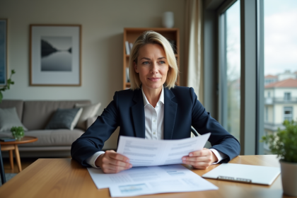 Femme professionnelle examinant documents immobiliers