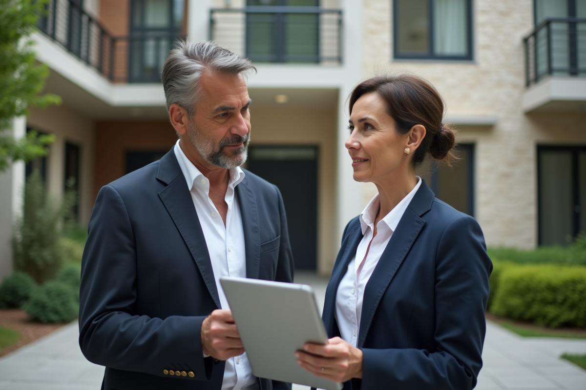 Femme professionnelle discutant plans devant immeuble résidentiel