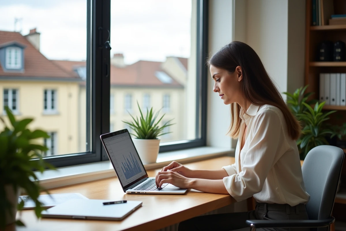 Jeune femme professionnelle consultat des graphiques immobiliers