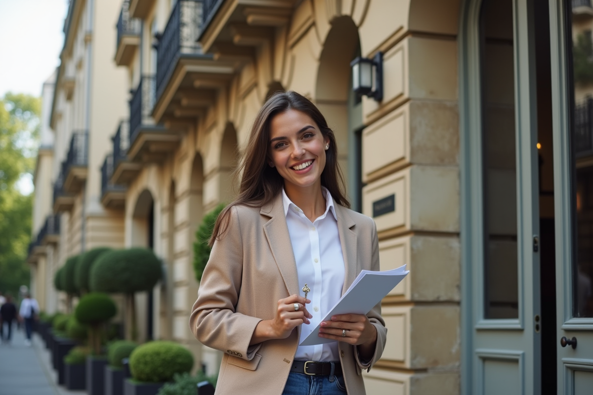 Jeune femme souriante tenant un dossier immobilier dans la rue