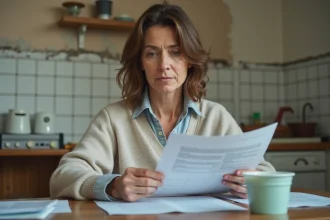 Femme d'âge moyen examine calmement des documents de sinistre dans la cuisine