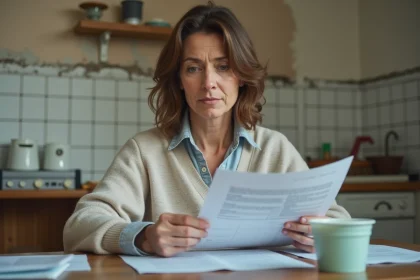 Femme d'âge moyen examine calmement des documents de sinistre dans la cuisine