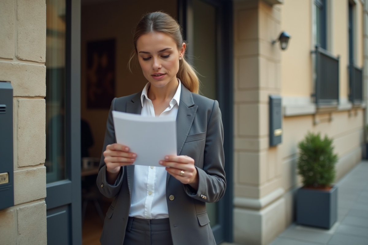 Jeune femme lisant une notification devant un immeuble résidentiel
